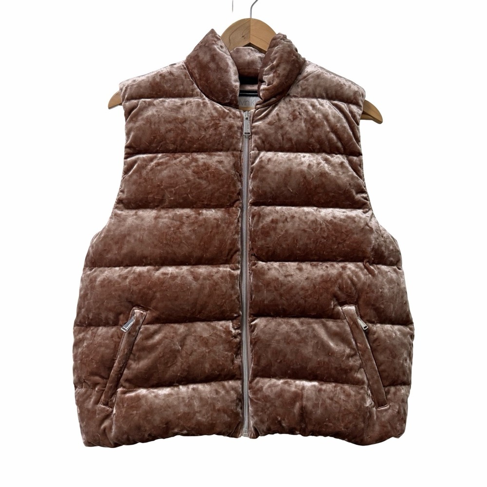 Calvin Klein Womens Crushed Velvet Puffer Down Vest Size M Brown 2000s Y2K Glam